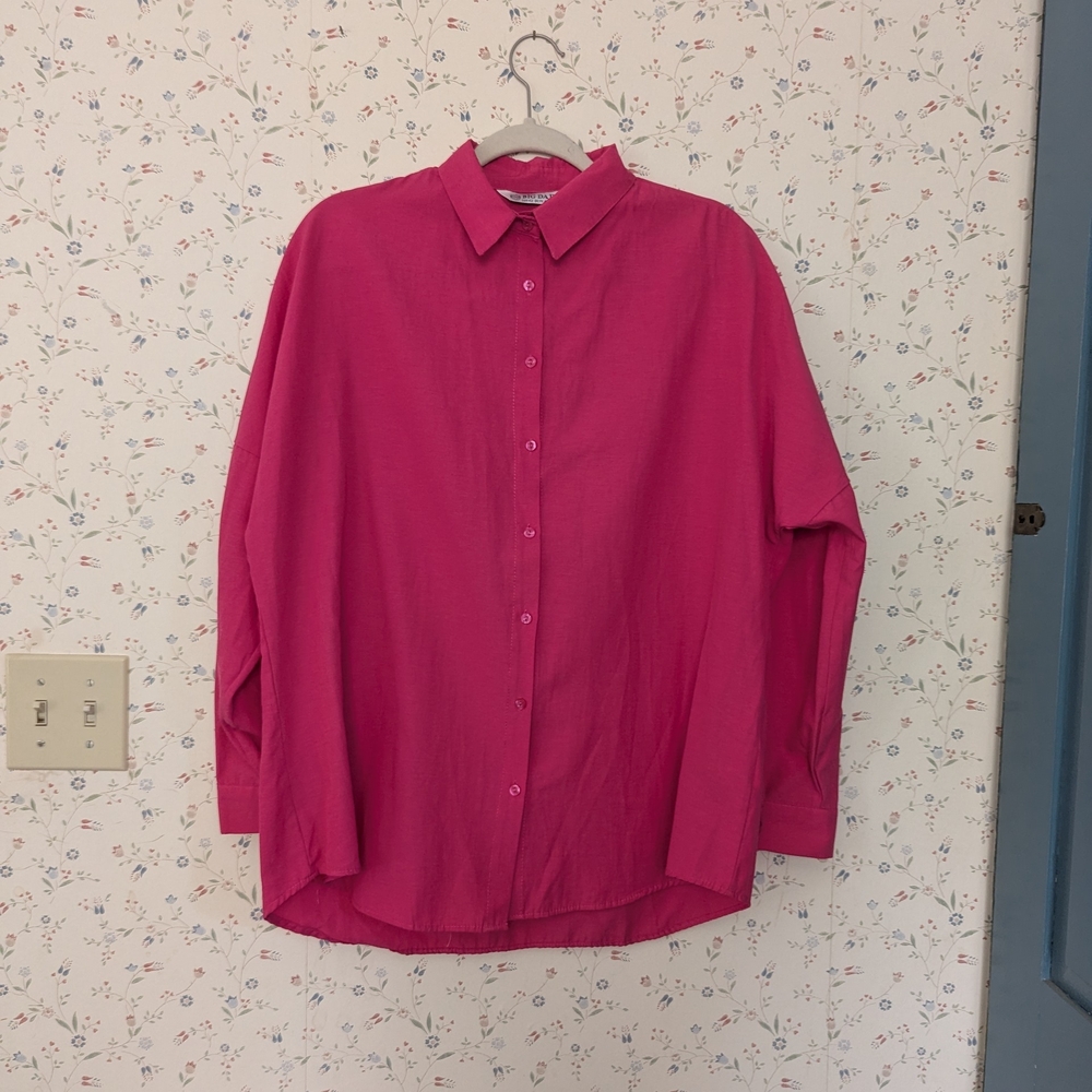 🩷 Big Dart Womens Top Pink UK 14 US M Button Down Blouse Dorman Cuff Sleeves